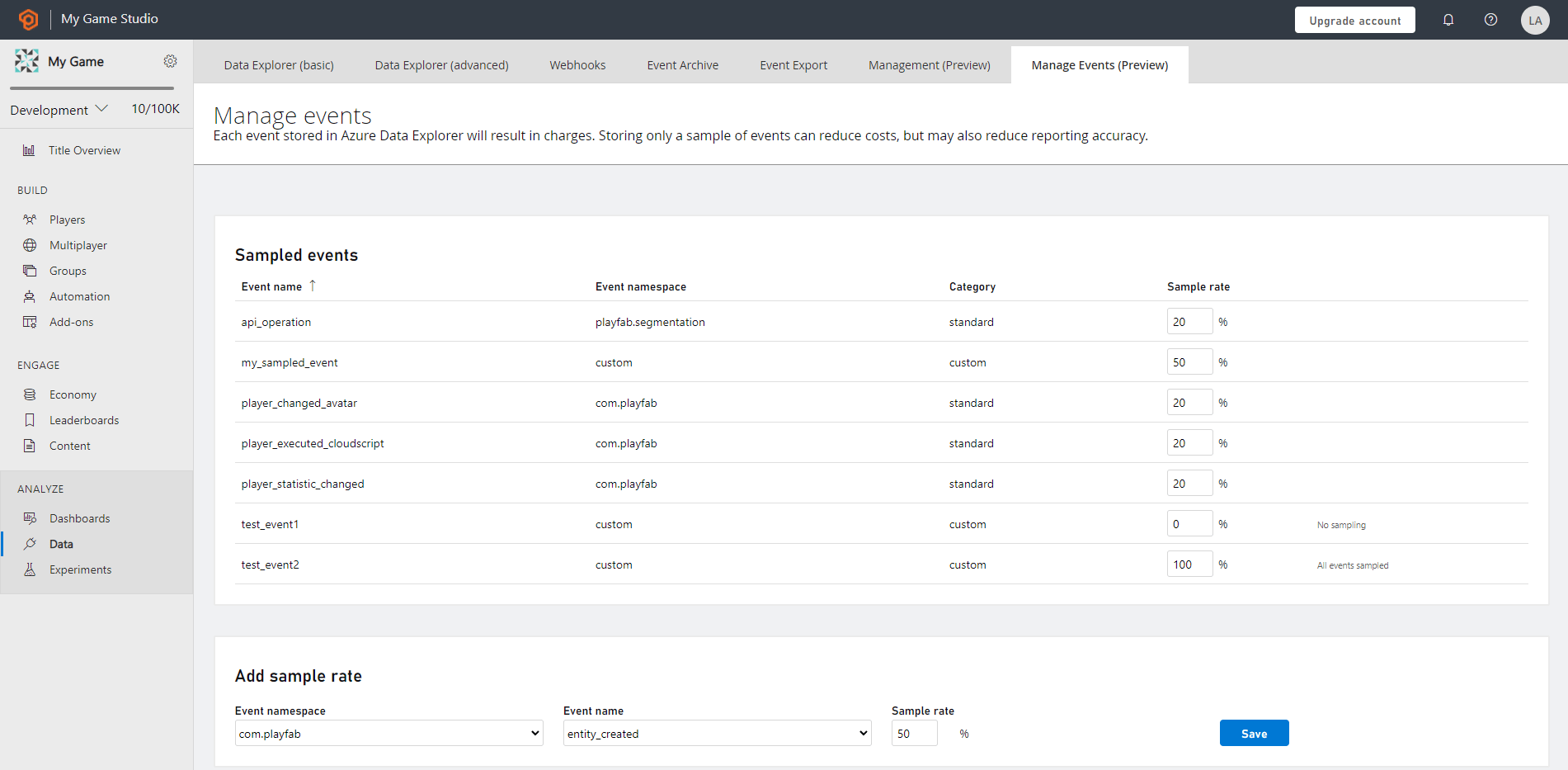 Capture d'écran de la vue d'ensemble de Manage Events