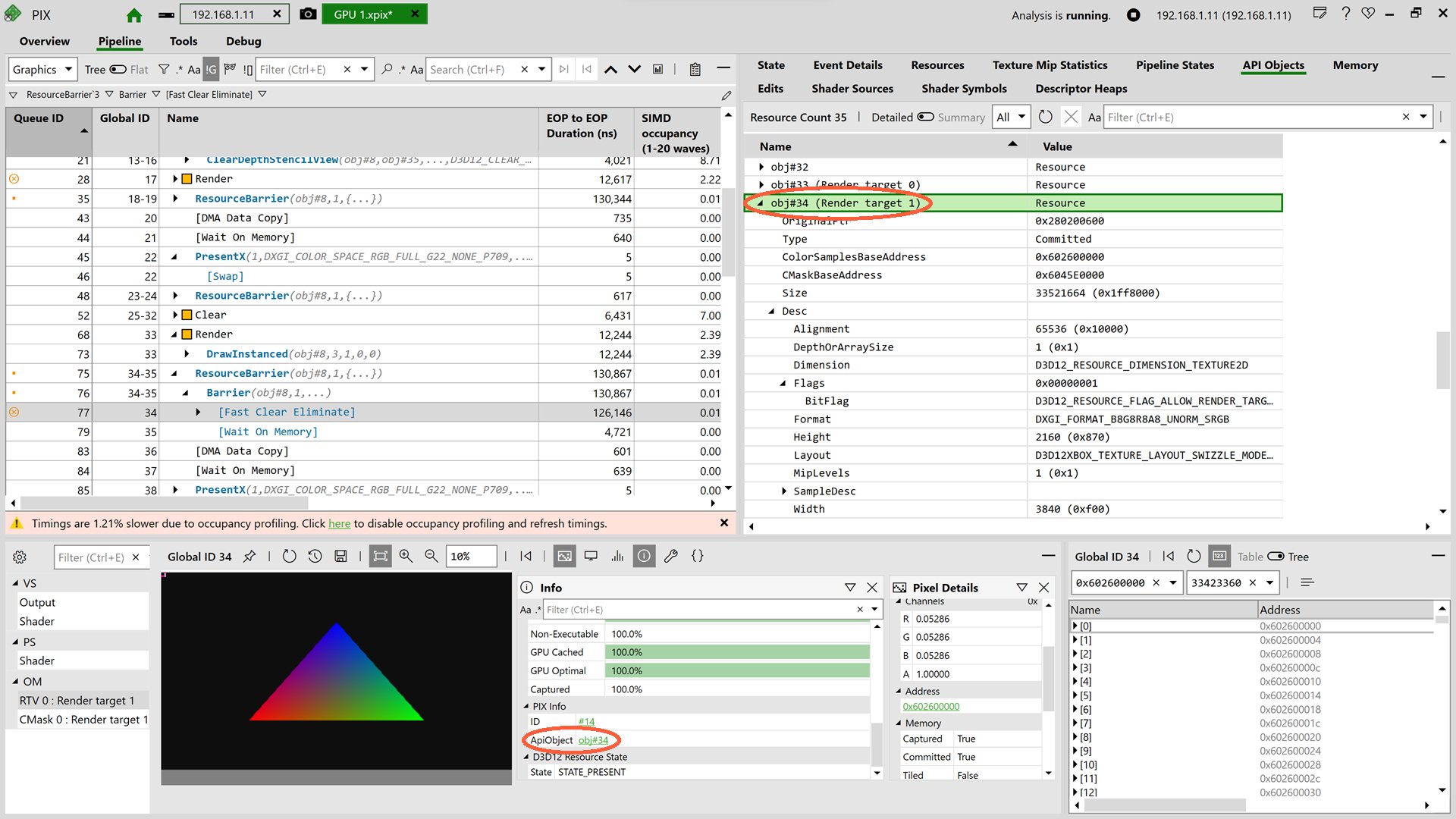 Onglet API Objects de PIX GPU