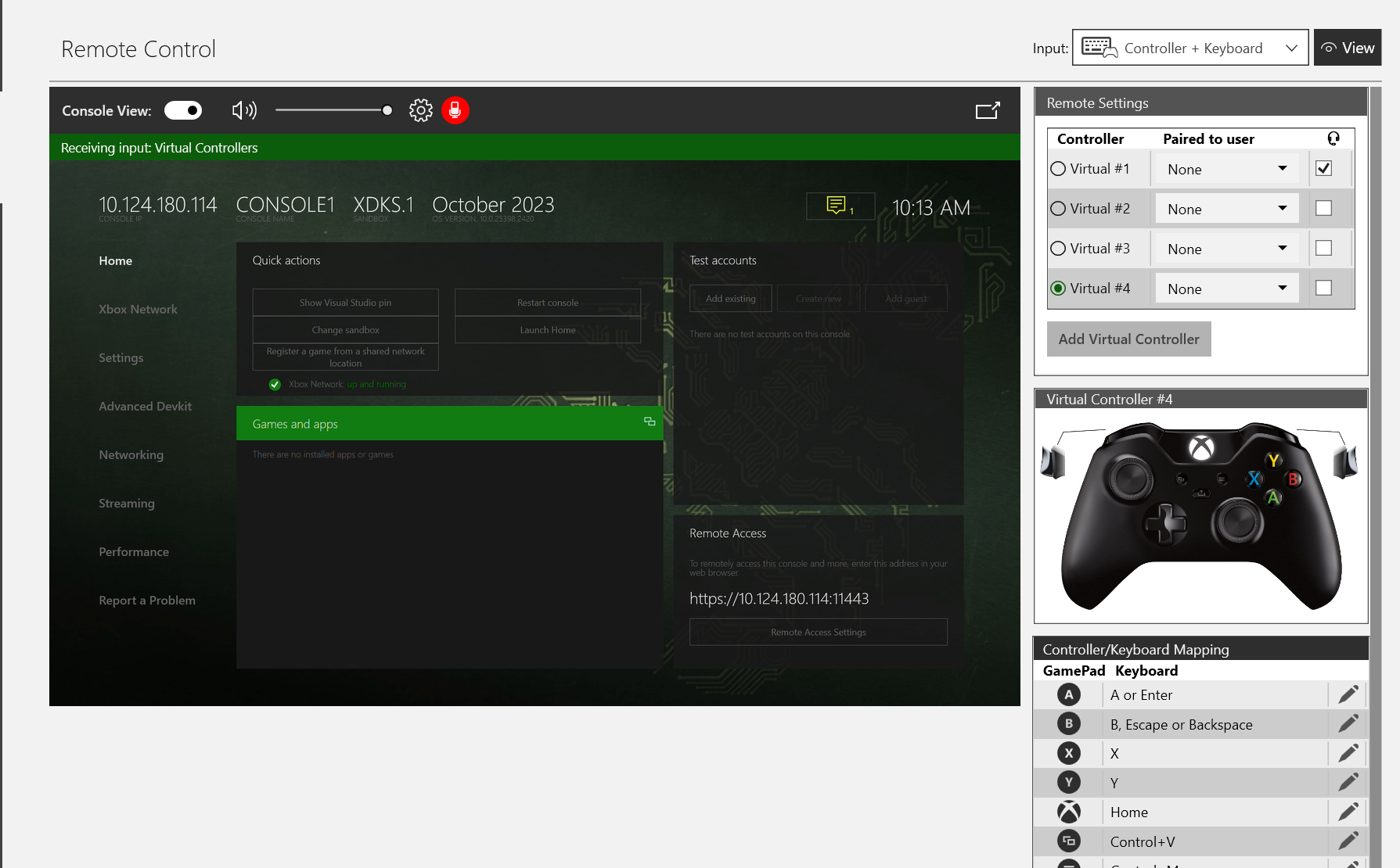 Captura de pantalla de los auriculares y el mando virtuales en la pestaña Remote Control de XBOX Manager