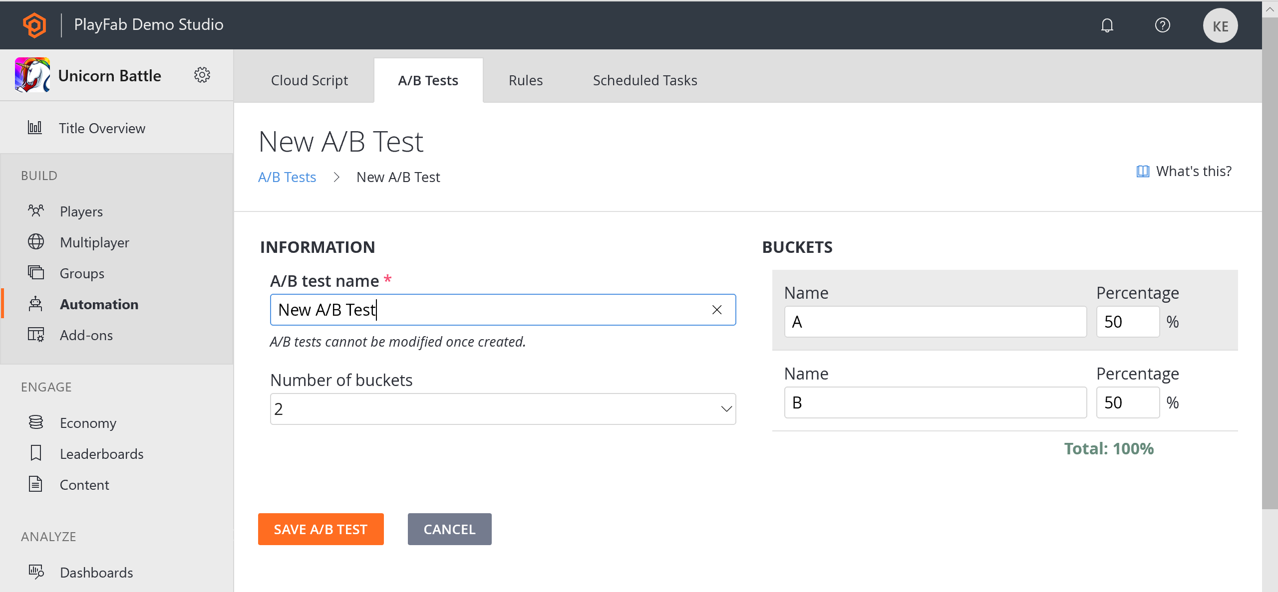Game Manager - Automation - AB Testing - New AB Test