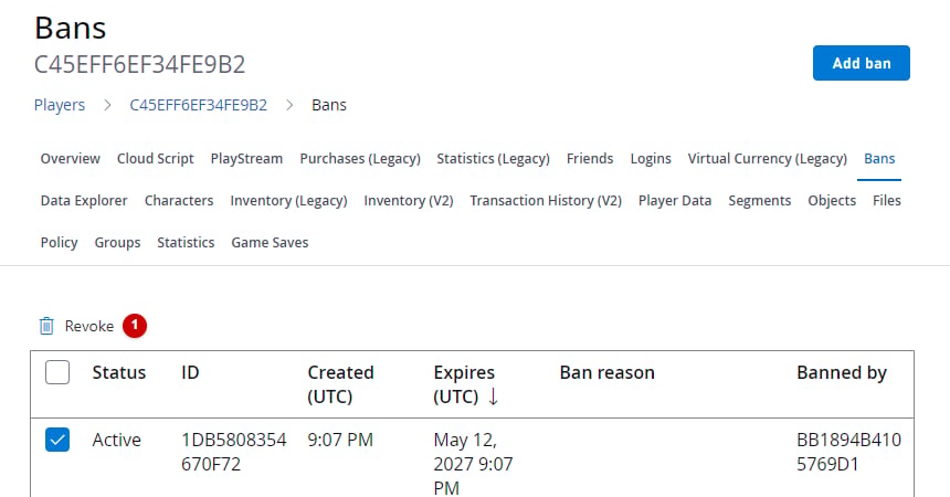 Game Manager - Players - Bans - 撤销封禁