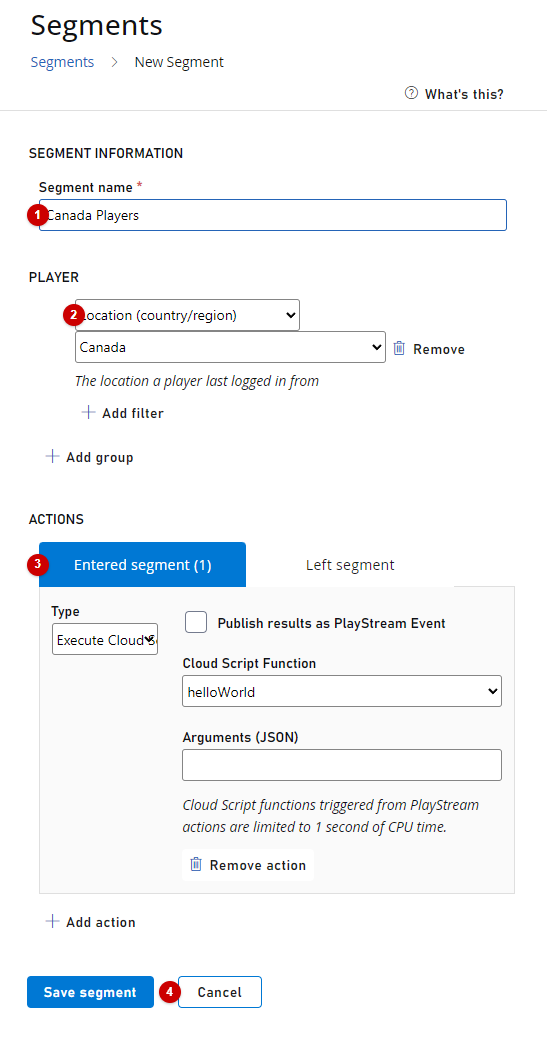 Game Manager - players - new segment configuration