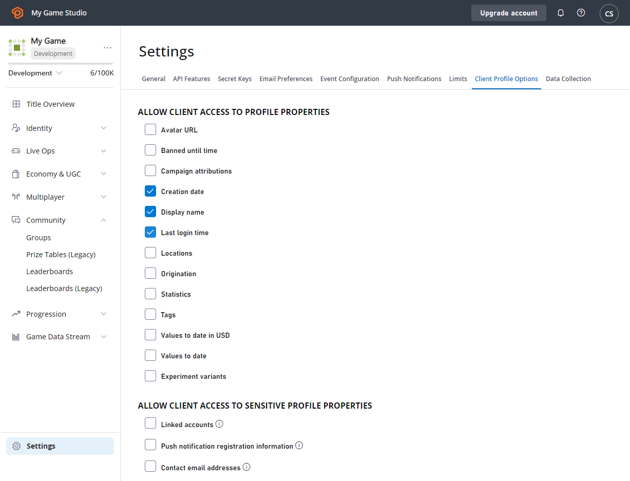 PlayFab Settings * Client Profile Options * Allow client access to profile properties