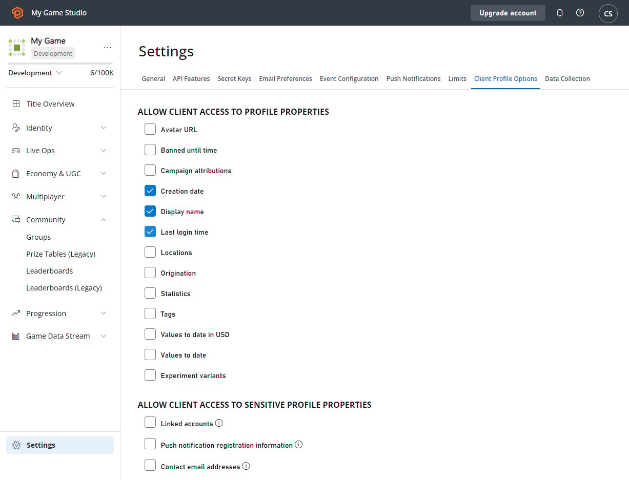 Paramètres PlayFab * Client Profile Options * Allow client access to profile properties