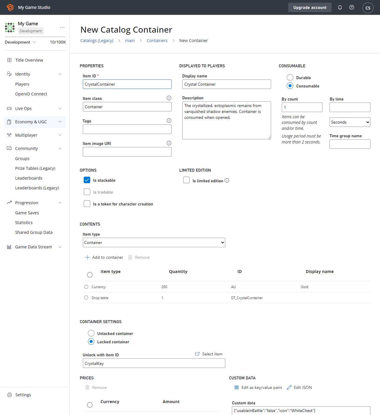 PlayFab - Economy - Edit Catalog Container