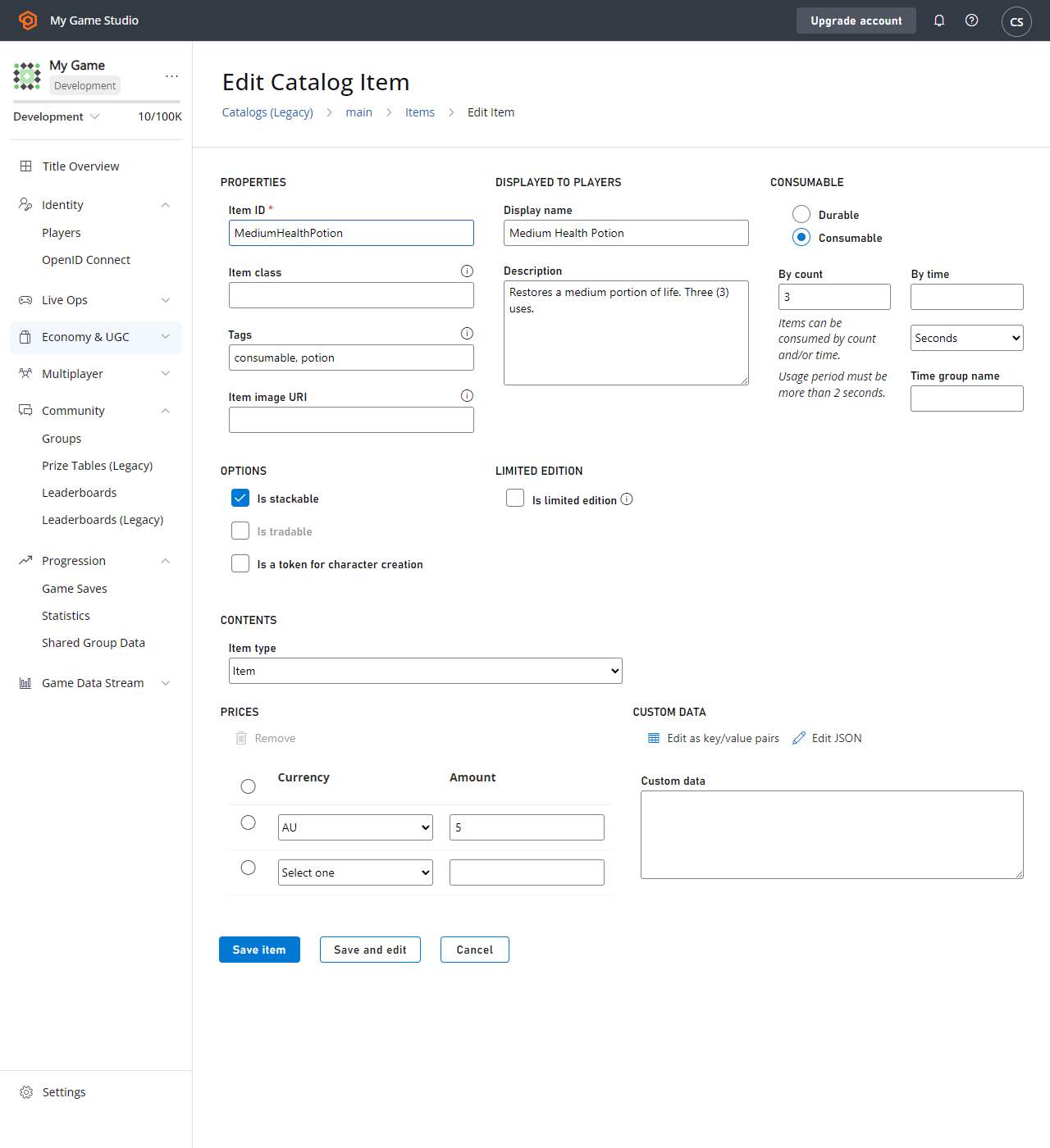 PlayFab - Economy - Edit Catalog Item