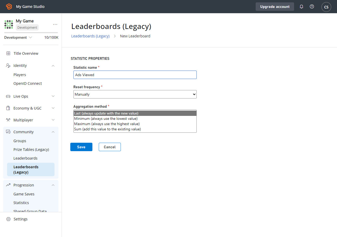 PlayFab Leaderboards - Edit Leaderboard - Stat aggregation