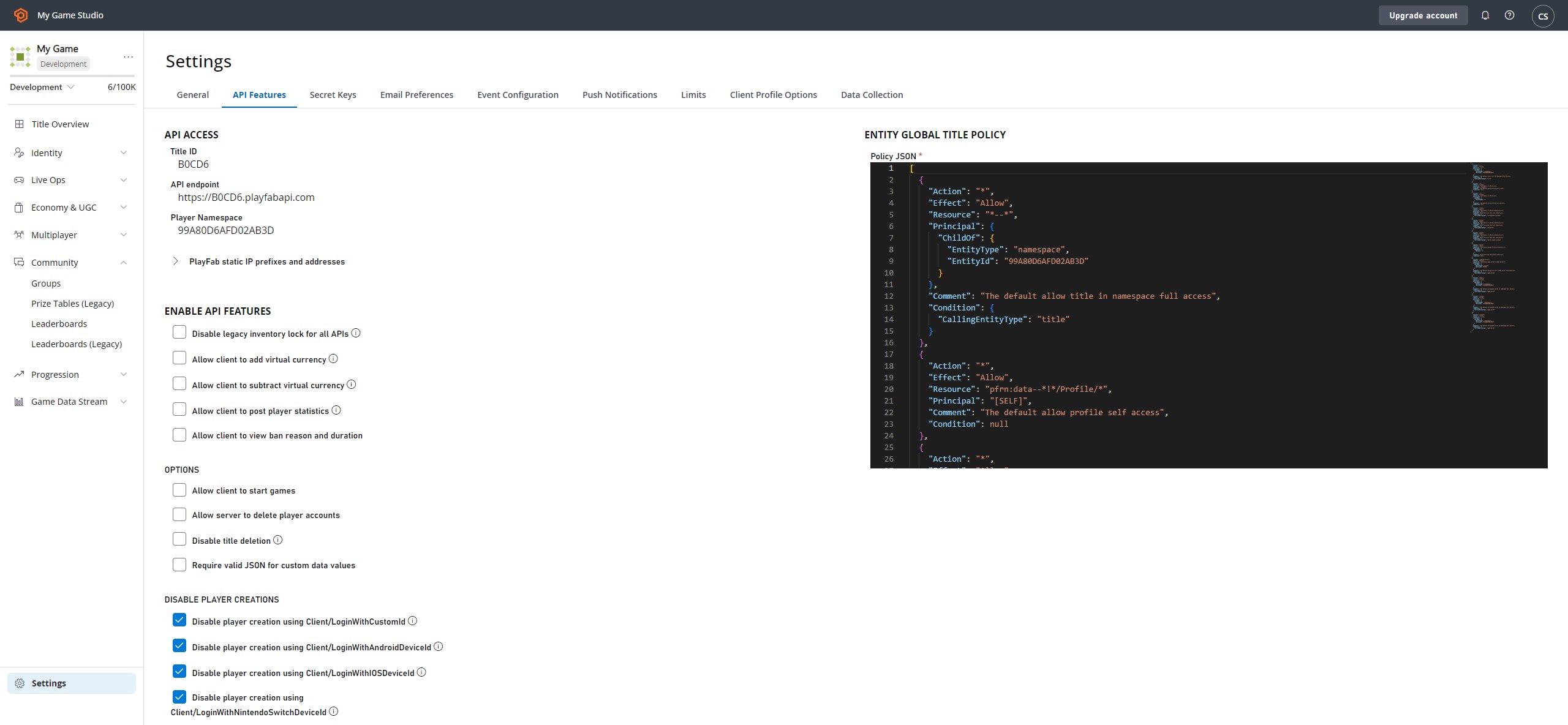 PlayFab: Settings, pestaña API