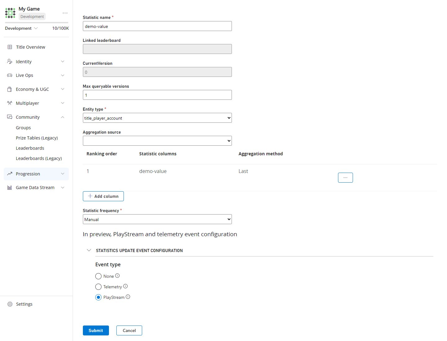 la imagen muestra la pantalla de configuración para establecer los parámetros de la estadística, incluidos el método de agregación, el orden de clasificación y la configuración del evento de actualización