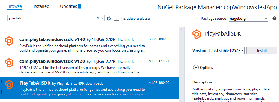 VS: instalación del paquete NuGet del SDK de PlayFab