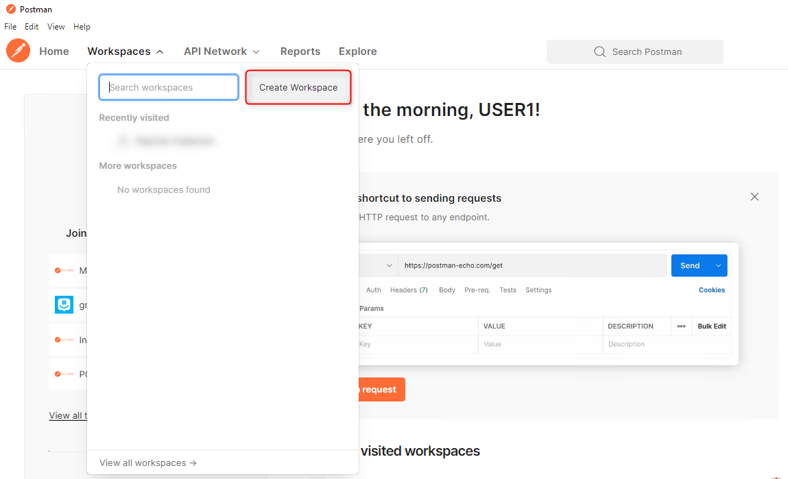 Postman - Sélectionner Create Workspace