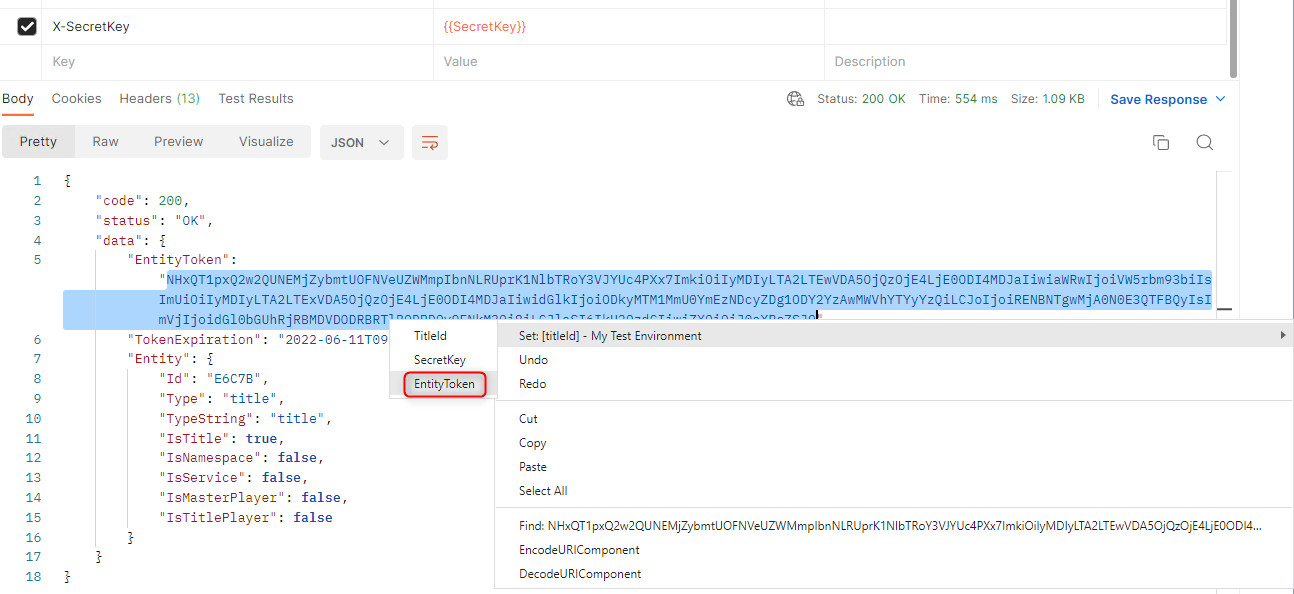 Postman - Définir la variable EntityToken