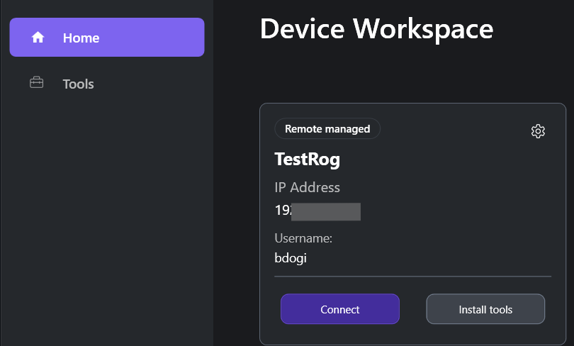 Pantalla Connect del área de trabajo del dispositivo
