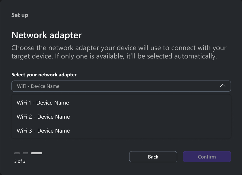 Pantalla de selección del adaptador de red