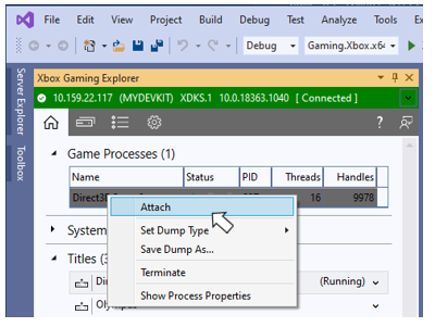 Visual Studio 中 XBOX Gaming Explorer 的截图，突出显示当前主机某个游戏进程上下文菜单中的 Attach 菜单项