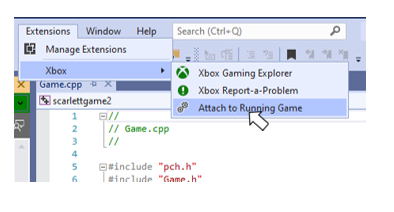 Visual Studio Extensions 菜单下 XBOX 菜单的截图，显示 Attach to Running Game 菜单项