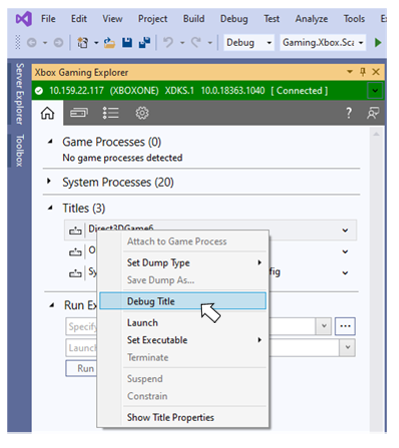 Visual Studio 中 XBOX Gaming Explorer 的截图，突出显示某个 title 上下文菜单中的 Debug Title 菜单项，对应 XBOX Gaming Explorer 顶部连接功能区所标识的主机