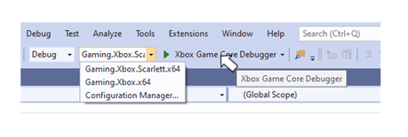 Visual Studio 标准工具栏截图，显示 Solution Platforms 下拉列表中的 Gaming.Xbox.One.x64 和 Gaming.Xbox.Scarlett.x64 平台，以及作为默认调试器的 XBOX Debugger
