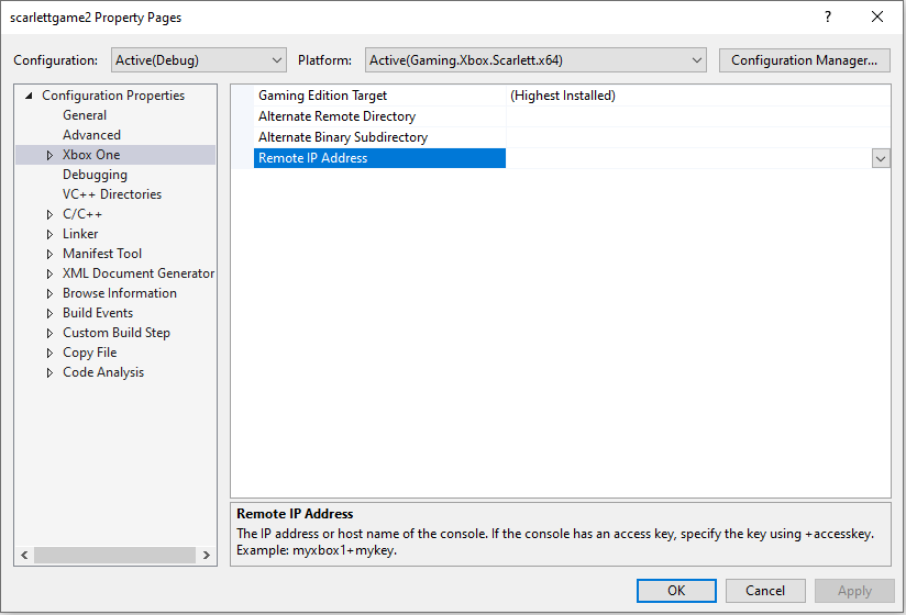 Visual Studio 项目属性对话框的 XBOX One 部分截图，内容窗格中显示 Remote IP Address 属性