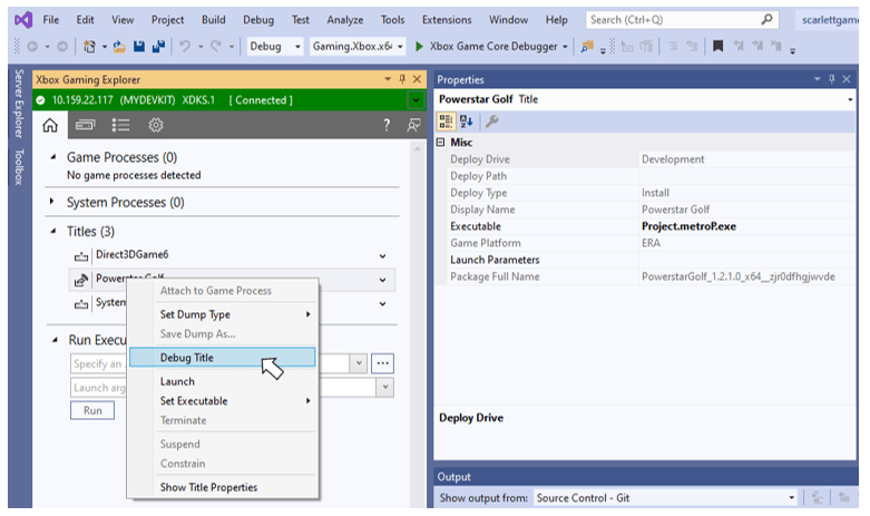 Visual Studio の XBOX Gaming Explorer のスクリーンショット。現在のコンソール用の Titles 一覧内のタイトル アイコンで識別されるパッケージ ビルドのドロップダウン メニューから Debug Title メニュー項目が強調表示されている