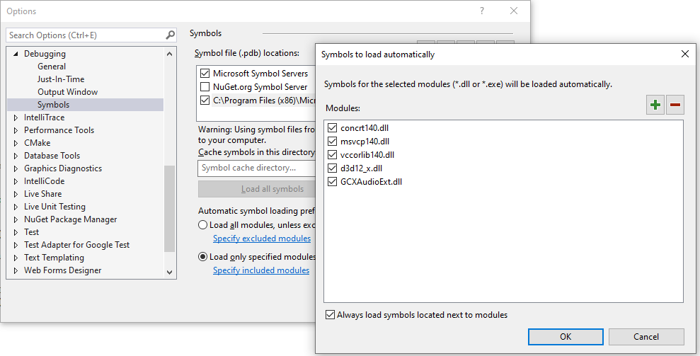 symbols to load automatically 对话框的截图，通过选择 Load only specified modules 选项显示在 Visual Studio Options 对话框 Debugging 部分的 Symbols 窗格上方