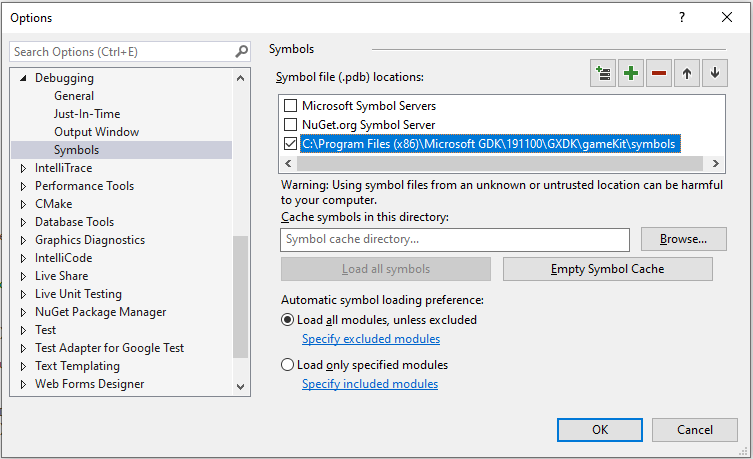 Visual Studio Options 对话框 Debugging 部分中 Symbols 窗格的截图，显示 Symbol file (.pdb) locations 列表中已选中的 Game OS 符号路径