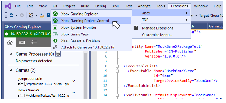 XBOX Gaming Project Control menu item