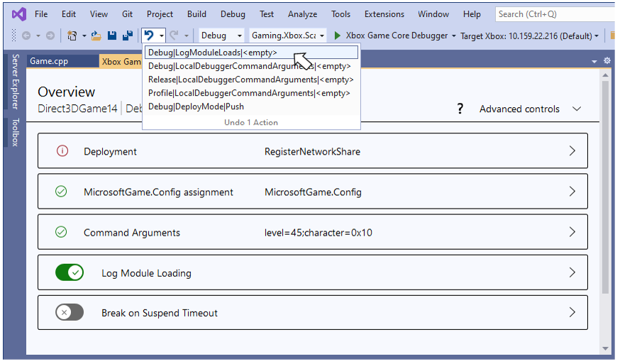 An undo stack with XBOX Gaming Project Control property edits