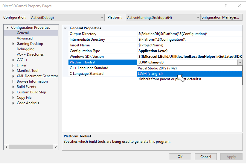 Propiedad de msbuild de Clang/LLVM