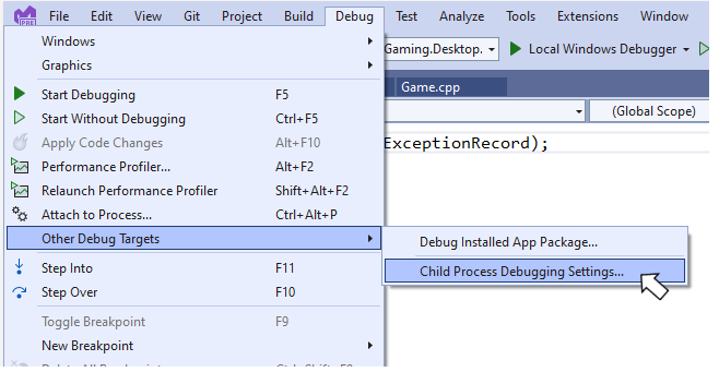 Le menu Child Process Debugging dans Visual Studio