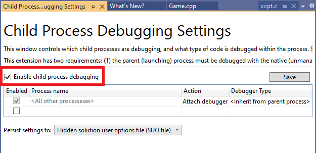 Configuration de Child Process Debugging dans Visual Studio