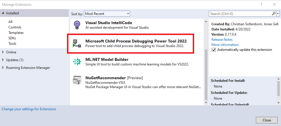 Installation de l'extension Visual Studio Child Process Debugging