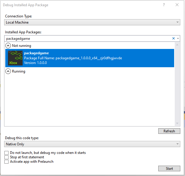 La boîte de dialogue Déboguer le package d'application installé dans Visual Studio
