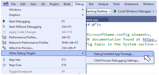 L'élément de menu Déboguer le package d'application installé dans Visual Studio