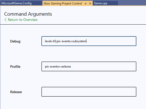 Command Arguments in XBOX Gaming Project Control