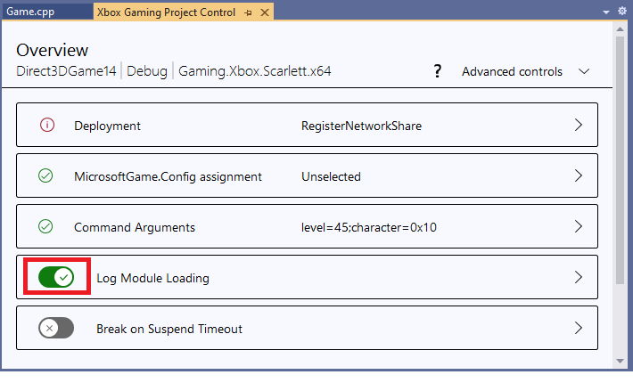 Logging of Module Loads in the XBOX Gaming Project Control