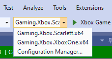 Gaming.Xbox.XboxOne.x64 및 Gaming.Xbox.Scarlett.x64 플랫폼을 보여주는 Visual Studio 템플릿 스크린샷