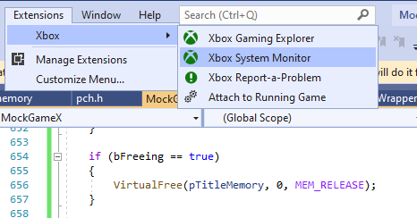 Captura de pantalla que muestra cómo acceder al XBOX System Monitor en Visual Studio