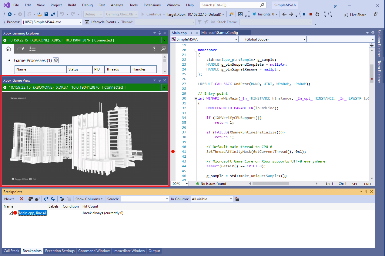 Screenshot that shows XBOX Game View docked when the debugger is running