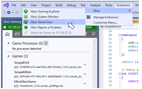 Screenshot of XBOX Game View on the Extensions menu