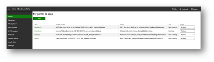 Screenshot of the My games & apps pane of the Home page in XBOX Device Portal