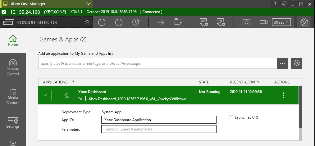 Screenshot of the Games & Apps management tab of XBOX Manager