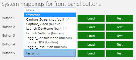 Captura de pantalla de la sección System mappings for front panel buttons