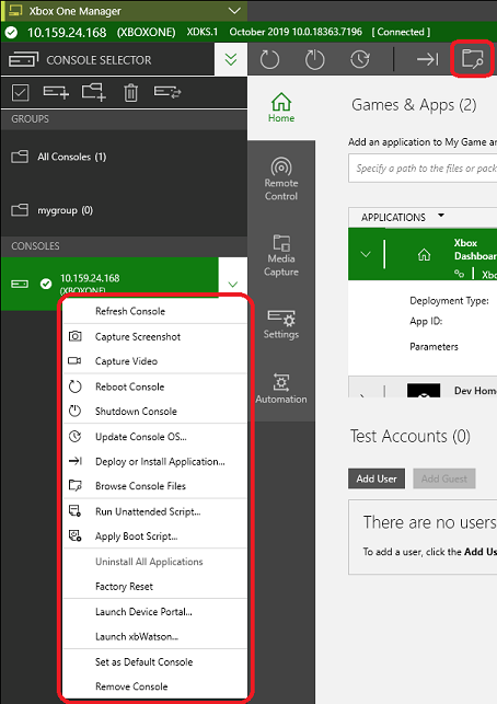 Screenshot of the selected console's context menu with the Browse Console Files button in XBOX Manager