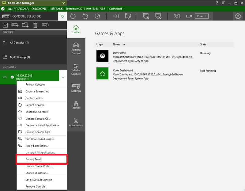 Screenshot of the Factory Reset option in XBOX Manager