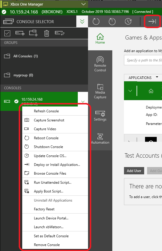Screenshot of the context menu with the Deploy or Install Application option in XBOX Manager