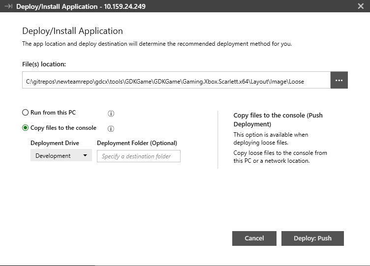 Screenshot of the Deploy/Install Application window in XBOX Manager