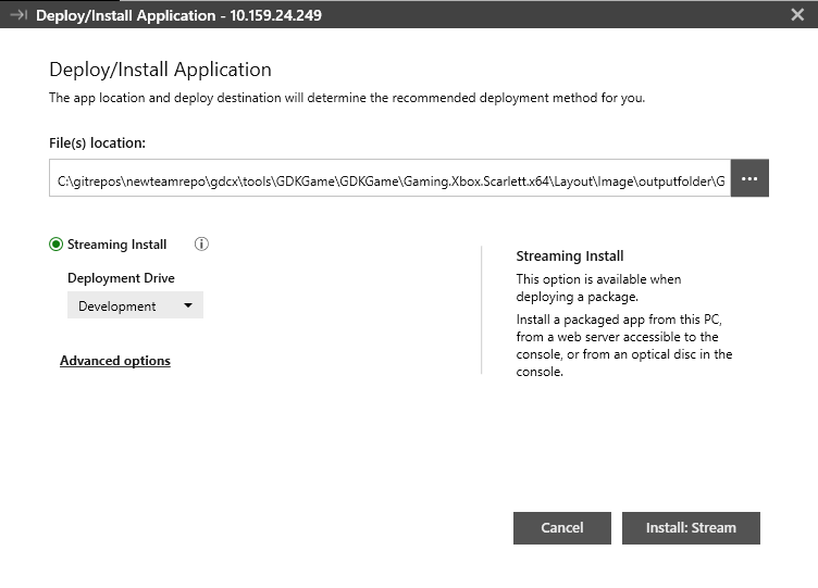 Screenshot of the Streaming Install option in the Deploy/Install Application window of XBOX Manager
