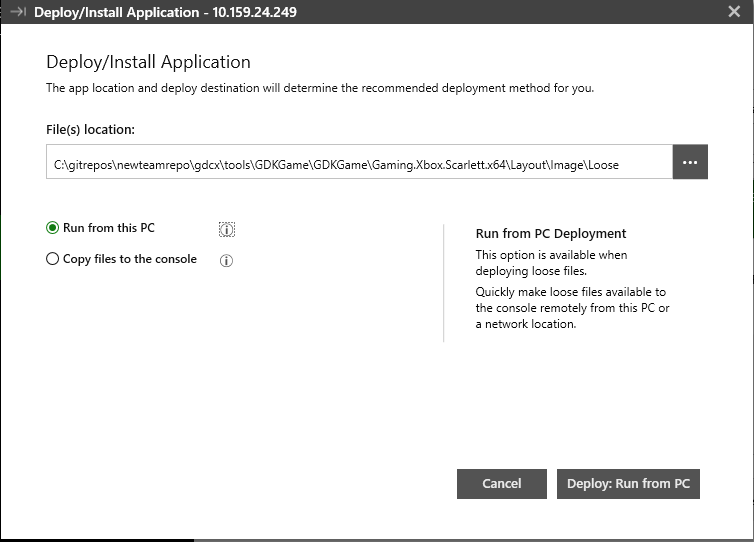 Screenshot of the Run from this PC option in XBOX Manager