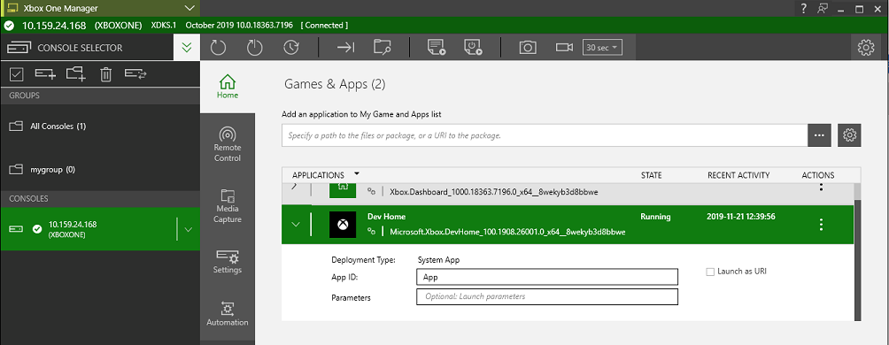 Screenshot of an app deployed to a console in the Games & Apps tab in XBOX Manager